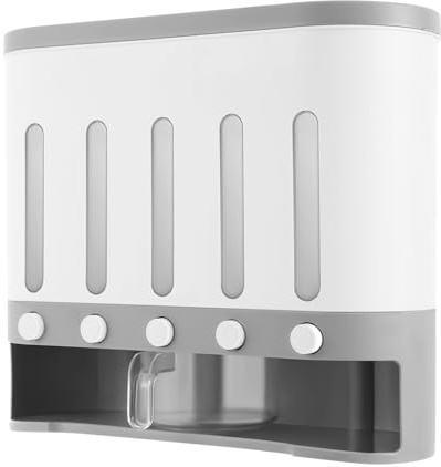 Distributeur de céréales moderne pour cuisine, boîte de rangement murale, boîte de rangement pour riz, nourriture sèche, design à 5 compartiments, base rectangulaire, clips arrière, utilisé dans les