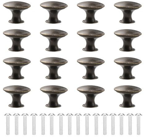 Onperpoe 16 Pcs Cabinet Knobs, Small Round Drawer Knobs with 16 Matching Screws, Vintage Door Knobs for Cupboards, Kitchen Drawer, Home Wardrobe (Antique Bronze)