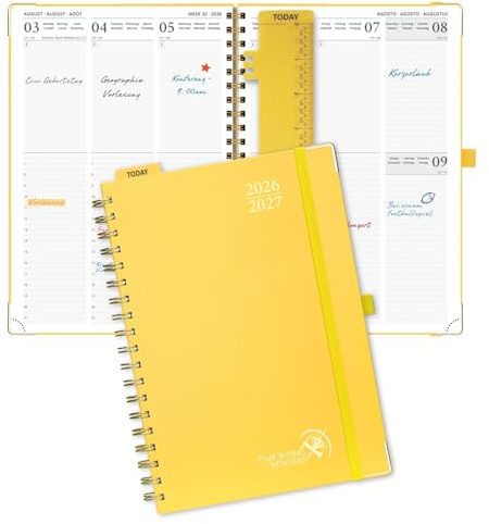 POPRUN Kalender 2026 2027 Spiralbuch mit Hardcover ca.A4(29,7 x 21cm) | 17-Monate-Terminplaner,(Aug,2026-Dez,2027),Wochenplaner 2026 2027,mit Plastiklineal(Hellgelb)
