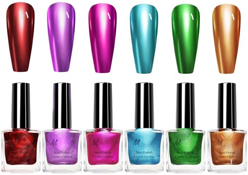 6 Colors Metallic Nail Polish Set, Nail Varnish Quick Dry, Mirror Chrome Nail Polish Including Red Purple Pink Blue Green Orange, Long Lasting No UV Lamp Needed Nail Varnish Sets For Women Manicure