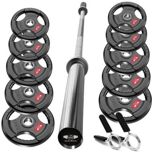 FK Sports Olympic Barbell Weights Set – 65KG|100KG|150KG Cast Iron Tri-Grip Weight Plates with 4FT|5FT|6FT|7FT Barbell - 2inch Complete Strength Training Weight Set for Home Gym