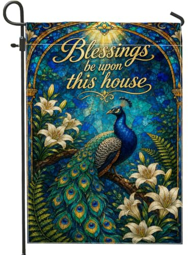 Bandera de jardín de pavo real, elegante helecho de lirios de temporada de arpillera azul de doble cara, banderas decorativas para patio al aire libre, césped, porche, entrada, camping, 12 x 18