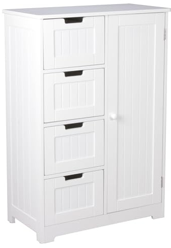 FineBuy Design Badschrank Landhaus-Stil MDF-Holz 56 x 83 x 30 cm weiß, Badezimmerschrank klein 4 Schubladen & 1 Tür, Beistellschrank Mehrzweckschrank Weiß