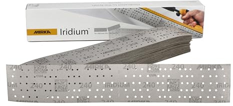 Mirka Papel de lija Iridium 70x400mm 140 agujeros grano 240 50 piezas | Papel de lija perforado con cierre adhesivo para lijar laca masilla imprimación madera acero y materiales minerales