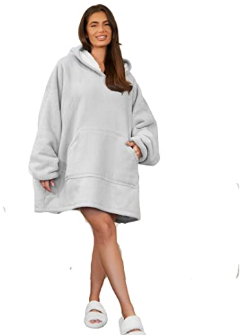 Sienna Hoodie Blanket Ultra Soft Sherpa Fleece Warm Cosy Comfy Oversized Wearable Hooded Sweatshirt for Adults Teens Kids Big Pocket - Silver Grey