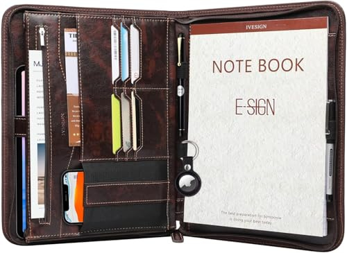 IVESIGN Zippered Padfolio for Women & Men Resume Portfolio Folder Vegan Leather Business Organizer Planner,with Writing Pad Interior 10.1 Inch Tablet Sleeve Dark Brown