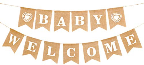 Vintage Leinen Welcome Baby Banner Willkommen Baby Banner Rustikal Leinen Buchstaben Wimpel Girlande 2.8 M Haus Dekoration für Zuhause, Party, Empfang, Babyparty Wimpelkette mit 13 STK Wimpeln