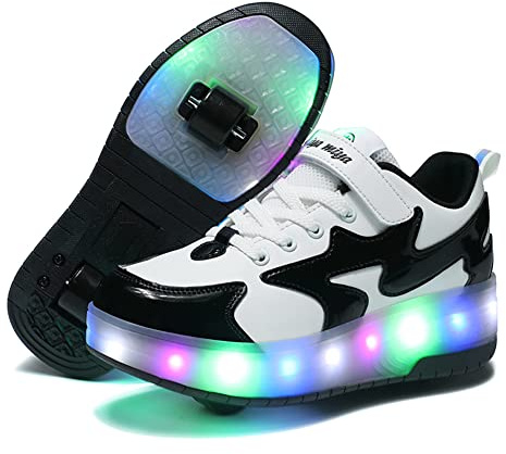 Lovelysi Unisex Jungen Mädchen LED Licht Skateboardschuhe mit Rollen Drucktaste Einstellbare,USB Wiederaufladbar,Inline Skates,Outdoor Sport Gymnastik Running Sneaker
