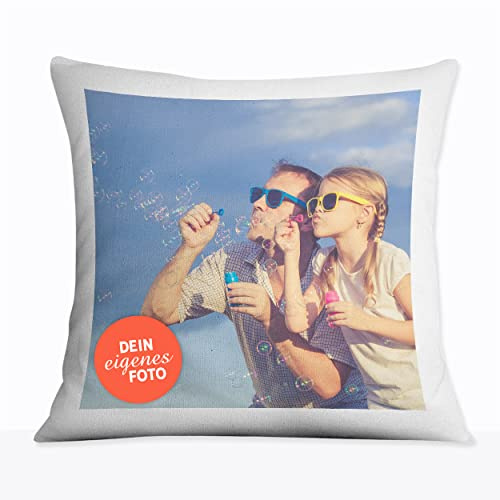 Fotokissen personalisiert Wunschfoto mit Füllung Foto Couch Bett Geschenk | 40 x 40 cm komplettes Fotokissen mit Bezug Füllkissen Foto Name Wunschtext Reißverschluss für Sofa Bett Geschenk