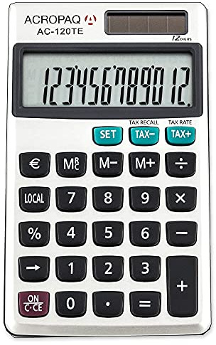 ACROPAQ - Taschenrechner - 12 stelliges LC-Display, Dual Power (Batterie + Solar), Mit Speicher, Wurzelziehen, Währungsumrechner, Steuerfunktion und Prozentrechnung - Grau