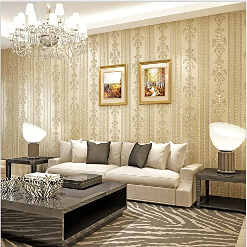 Q QIHANG Modern Simple European Striped 3D Embossed Damask Non-Woven Wallpaper Bedroom Living Room TV Background Wall 20.87 Wx393.7 L Non-Pasted (Beige)