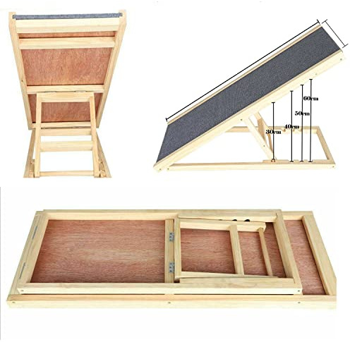 Rampa para Perros con Antideslizante de la Alfombra y 4 Escalones Regulables en Altura Escalera Perro Grande - Hacer de Madera de Abeto Rampa Plegable Portatil para Coche Sofá Cama, Carga Máxima 150kg