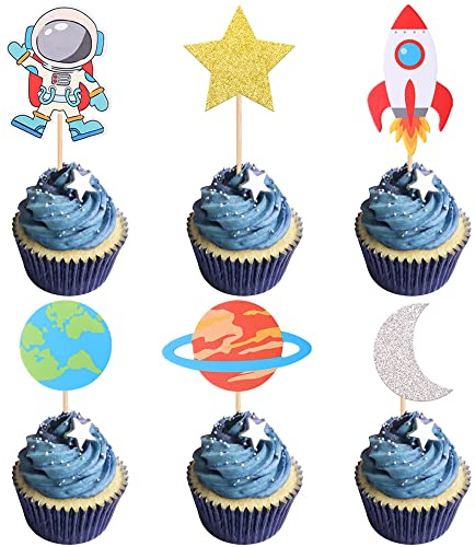 36 Pack Space Astronaut Cupcake Toppers Planet Rocket Spaceship Trip to the Moon Star Cupcake Food Picks Universe Outer Space Theme Baby Shower Kids Birthday Party Cake Decorations Supplies
