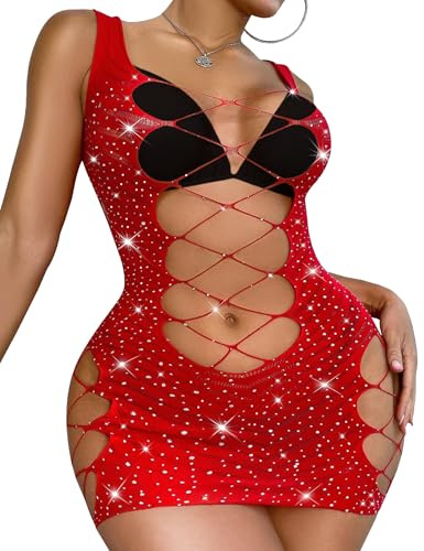 RSLOVE Lingerie Donna Sexy Babydoll A Rete Abito Mini Intimo Camicia da Notte Rosso Taglia Unica