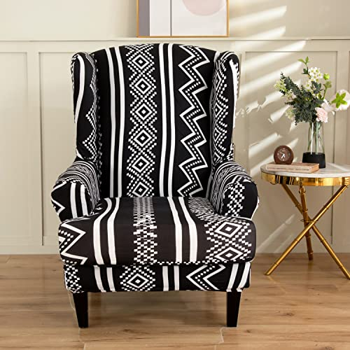 Highdi 2-Teilig Ohrensessel Überzug, Sessel-Überwürfe Ohrensessel Luxuriös Barock Schonbezüge Bezug Sesselhusse Strandmon Tiger Stuhlbezug mit Armlehne Hohe Rückenlehne (Schwarz und weiß)
