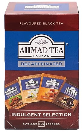 Ahmad Tea Black Tea | Decaffeinated Indulgent Selection | Vanilla, Sweet Caramel, Chocolate & Hazelnut, Cinnamon Spice | 20 Teabag Sachets | 1 Pack