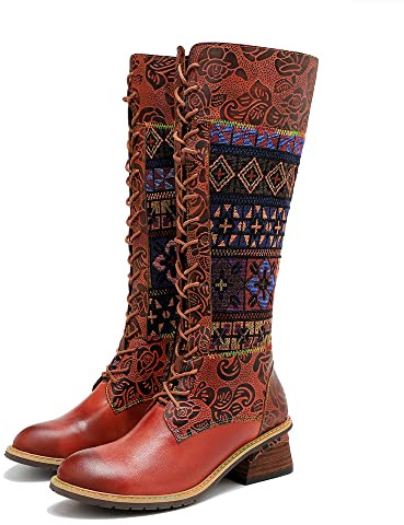 CrazycatZ Damen Leder Stiefeletten lange Bunte Stiefel vintage Stiefele