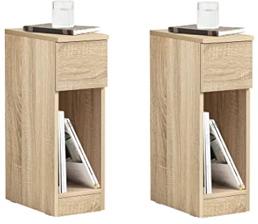 SoBuy 2er Set Nachttisch schmal Nachtschrank Beistelltisch mit Schublade und Ablage Nachtkästchen Nightstand für Schlafzimmer Wohnzimmer Natur B20 x T35 x H60 cm FBT111-Nx2