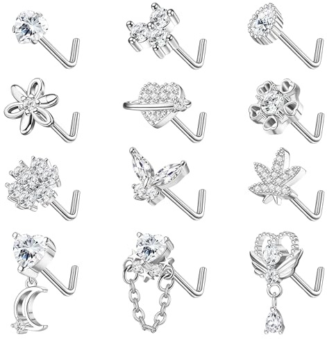 Kakonia 12 stycken 20 g näspiercing plugg för kvinnor rostfritt stål näsbult silver L form korkskruv piercing näsa stud nostril piercing för kvinnor, Rostfritt stål