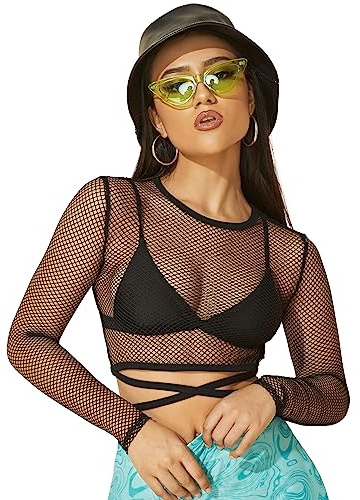 GORGLITTER Damen Fischnetz Mesh Crop Top Durchsichtiges Oberteil Langarm Tops Schwarz XL