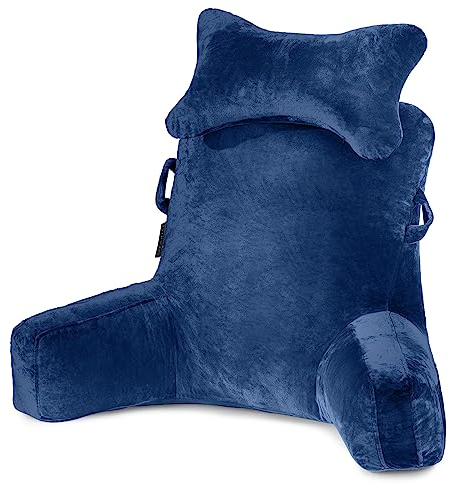 SLIGUY Almohada de Lectura, Almohada para Reposo en la Cama con Cuello Desmontable y Brazos para Sentarse en la Cama o el Respaldo, Almohada de Lectura Espalda para Adultos, Azul