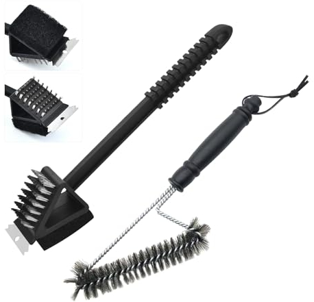 Fyfjur 2 Pezzi Spazzola Barbecue, 3 In 1 Spazzola BBQ + Triangolo in Metallo Spazzola per Barbecue, Kit di Pulizia per Barbecue con Raschietto per Barbecue, Spazzola per Pulizia Grigli