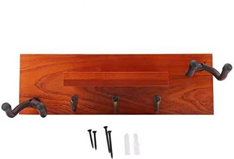 AONYAYBM Gitarren-Wandhalterungsregal, Gitarren-Wandhalter mit Ablagefach, Plektrumhalter und 2 Haken, Kleiderbügelhalter, Holzregal, 4-in-1-Multifunktion für Akustik- und E-Gitarre, Ukulele, Bass