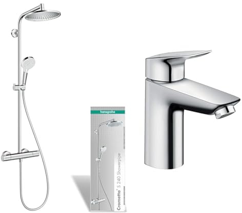 hansgrohe Crometta S - Colonne de douche avec mitigeur thermostatique, douche pluie 240 mm & Logis - Mitigeur de lavabo avec vidage Push-Open, Robinet de salle de bain avec hauteur