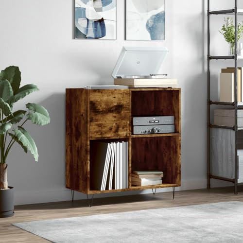 ShCuShan Soporte para tocadiscos, mesa auxiliar de sofá con estantes abiertos, armario de almacenamiento de discos de vinilo, mesa auxiliar vintage para sala de estar, dormitorio y oficina, armario de