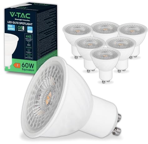 V-TAC 6x Ampoules LED GU10 6W (équivalent 60W) - CHIP SAMSUNG - 445 Lumen - Haute Luminosité - Spot LED GU10 pour Efficacité Maximale et Économie d'énergie - Lumière 6400K Blanc Froid