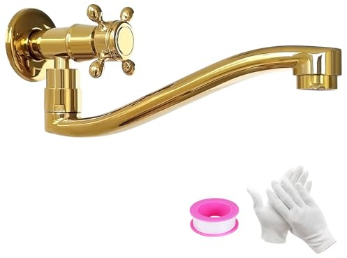 KOPYFANTAP Robinet Mural Eau Froide Doré, Rotatif à 360° Robinetterie Murale de Lavabo Extérieur Jardin, Simple Eau Froide Robinets Mural pour Cuisine, Jardin, Salle de Bain, G1/2(21cm)