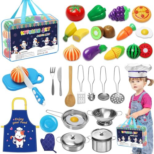 UCAMP Juguetes de Cocina para niños Accesorios 32 Piezas Accesorios Cocina Juguetes,Juguetes de Chef para Niños,Utensilios Cocina Juego de Roles,Utensilios Cocina Juguete con Delantal y Gorro de Chef