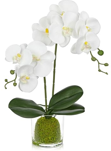 Oairse White Orchids Artificial Flowers 16.1 Faux Orchids Plant in Pot Fake Flower Arrangements with Glass Vases Small White Centerpieces for Kitchen Dining Room Tables Bathroom Shelf Desk Decor