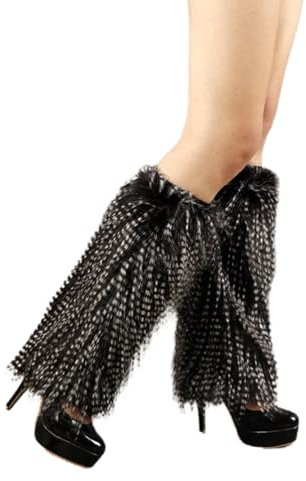 HUAJINGKEJI Bequeme, weiche Socken für Damen, Pelz, Beinwärmer, Winter, pelzig, lange Stiefelstulpen, flauschiges Party-Kostüm für Urlaub, Festival, Auftritte, Schwarz und Weiß, XS-XL