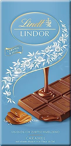 Lindt Schokolade | LINDOR Tafel Caramel & Salz | 100g | Vollmilch-Schokolade mit einem Hauch Fleur de Sel und zartschmelzender Karamell-Füllung | Schokoladen-Tafel