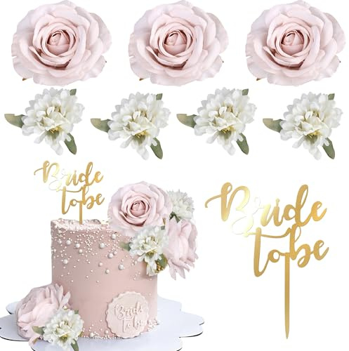 Xsstarmi Tortenaufsatz mit Aufschrift Bride to Be, Acryl, künstliche Blume, Hochzeit, Rose, Kuchendekoration für Babyparty, Hochzeit, Brautparty, Party-Kuchendekorationen