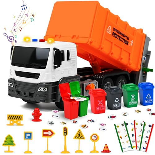Joellfuner Camion dei Rifiuti Giocattolo, Camion Spazzatura, Immondizia con Cestino Luci e Suoni, Set di Giocattoli per della Spazzatura, Regali per Bambini di Età Superiore ai 3 Anni (Arancione)