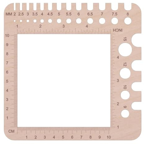 Knitting Needle Gauge, Sockenlineal, Nadelmaß für Häkelnadeln, Quadratische Holzspinn-Kontrollkarte Nadelmessgerät Strickwerkzeug, zur Messung des Strickgrades Garnstärke 15x15cm