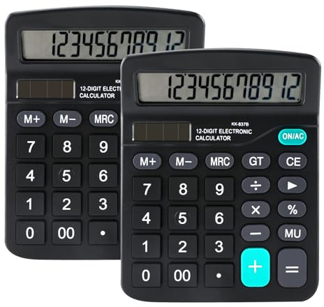 Pavlleen Pack de 2 calculadoras de escritorio 12 dígitos, pantalla LCD grande, botón sensible, doble potencia (solar y batería), para oficina, hogar y escuela