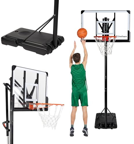 OneTeam Basketball BH04 Schwarzer Basketball Verstellbar Freistehend mit Transportrollen Haltbares PC Material Stabiler Sockel mit 140 L Fassungsvermögen mit Brett und Gitter