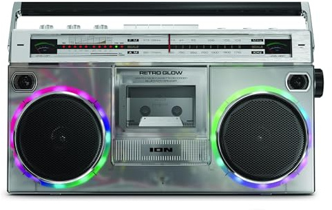 ION Audio Retro Glow Boombox - Deluxe Stereo AM/FM Radio Cassette Dual Speakers with Full-Range Bass (Renewed)
