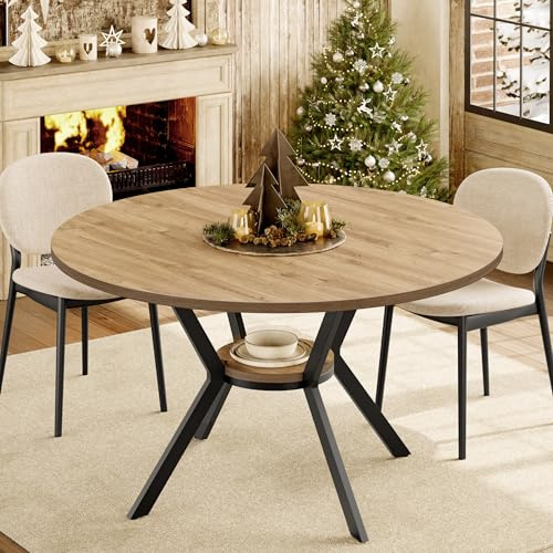 MECHYIN 42 Inch Round Dining Table for 2–4, Farmhouse Round Kitchen Table with Storage Shelf, Pedestal Dining Table, Wood Top & Metal Base, Small Space Table for Apartment, Dining Room