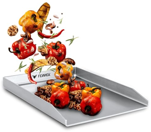 FENNEK Plancha 40 x 30 cm Teppanyaki grillplatta utan framkant | 4,0 mm rostfritt stål | Perfekt för hamburgare, grönsaker, fisk, biffar och mycket mer. | Diskmaskinssäker | Tillverkad i Tyskland