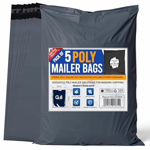 G4GADGET 5 Large Grey Postal Bags 22x30 Inch [559mm x 762mm] – Durable Self-Seal Packaging Bags for Vinted, Parcel Delivery, Clothes Mailing & Shipping