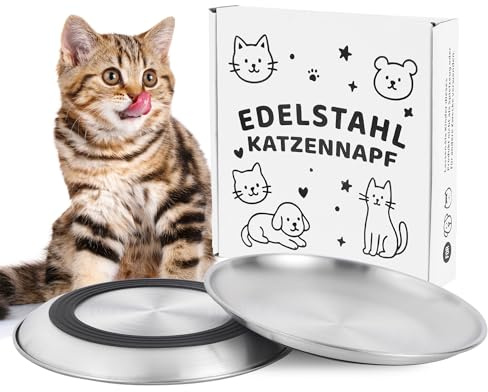 Nayelf Permium Edelstahl Katzennapf flach, 2 Stück Futternapf Katze rutschfest, Katzennäpfe mit Anti Whisker Fatigue, Fressnapf für Perserkatzen und Kurzbeinige Rassen, Spülmaschinenfest