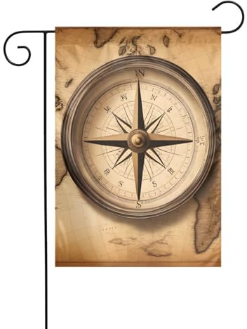 WHJDPP Boussole et ancienne carte du monde - Drapeaux de jardin 30,5 x 45,7 cm pour décoration de cour avec une largeur de poteau de 3 cm (drapeau uniquement, mât non inclus)