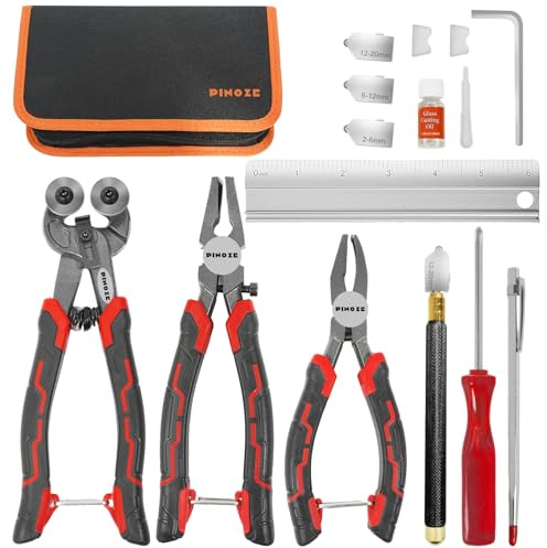 PINOZE 14-Piece Glass Cutting Tool Kit, Glass Cutter 2-20MM, 8 Wheeled Tile Nippers & Glass Running Pliers, Breaker Grozer Pliers, Aluminum Cutting Ruler - for Stained Glass, Tiles, Mosaic Cutting