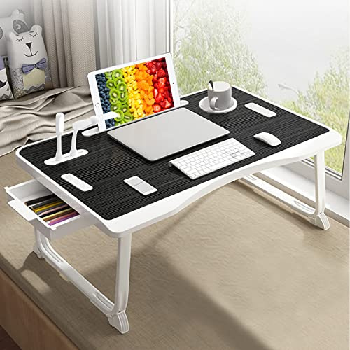 Mesa de Cama USB para Laptop, Bandeja Plegable con Puerto de Carga USB, asa, Ranura para Tarjetas de Escritorio/Taza, cajón Lateral, Soporte portátil para Comer, Leer, Trabajar y Acampar