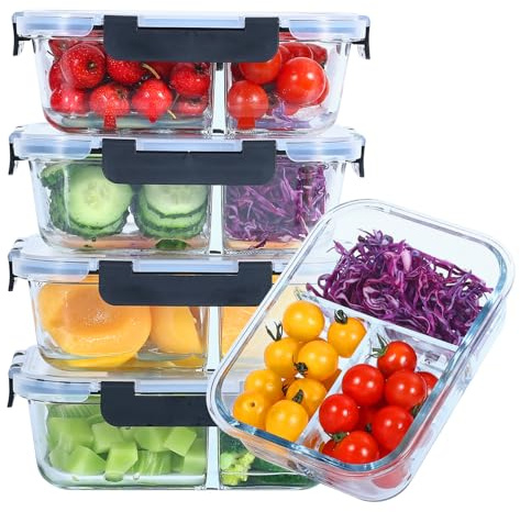 Liliume Glasbehälter mit Deckel Meal Prep Boxen Glas 3 Fächer (5Stück, 1040ml) Meal Prep Boxen Glas mit Trenner Portionskontrolle