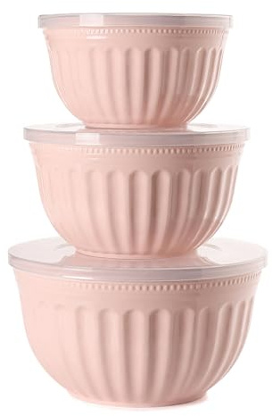 Juego de ensaladeras con tapa, 3 piezas, cuencos para mezclar de plástico, sin BPA, apilables, grandes para cocina, juego de cuencos para mezclar, servir y guardar (rosa)